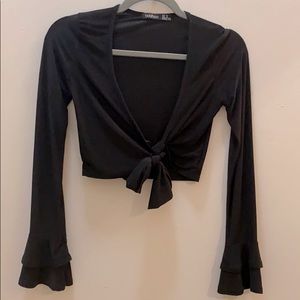 Boohoo Black Tie Front Long Sleeve Crop Top